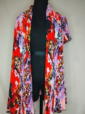 Women’s Floral Open-Front Tunic Cardigan - Red & Lavender